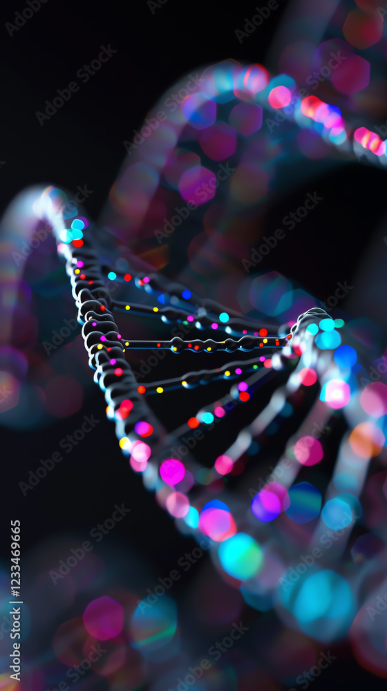 Poster colorful abstract representation of a dna helix with light reflections and bokeh effects
