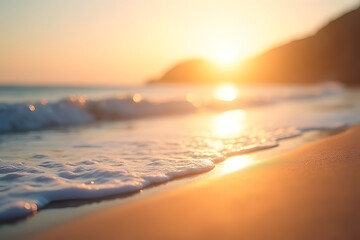 Obraz premium Golden sunset over gentle waves beach location bokeh effect tranquil environment serene viewpoint nature concept
