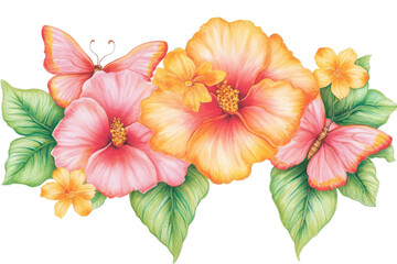 Vibrant floral arrangement with butterflies nature background transparent white style art illustration