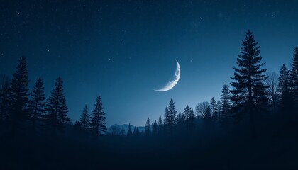 Naklejka premium Crescent moon over the forest at night. Concept of serenity, peace, and wonder.
