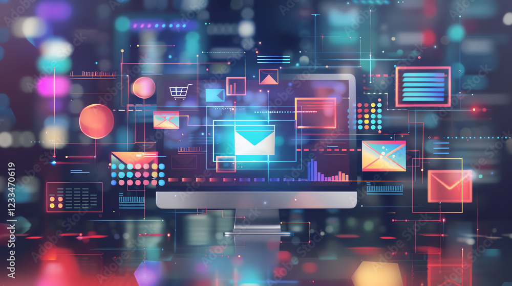 Poster colorful digital communication interface with abstract icons and visual effects