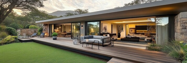 Obraz premium modern black cabin, forest setting, floor-to-ceiling windows, wood deck, minimalist architecture, evening lighting, glass facade, reflective surfaces, pine trees, secluded retreat, contemporary design