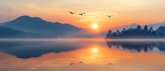 Serene sunset over a tranquil mountain lake.