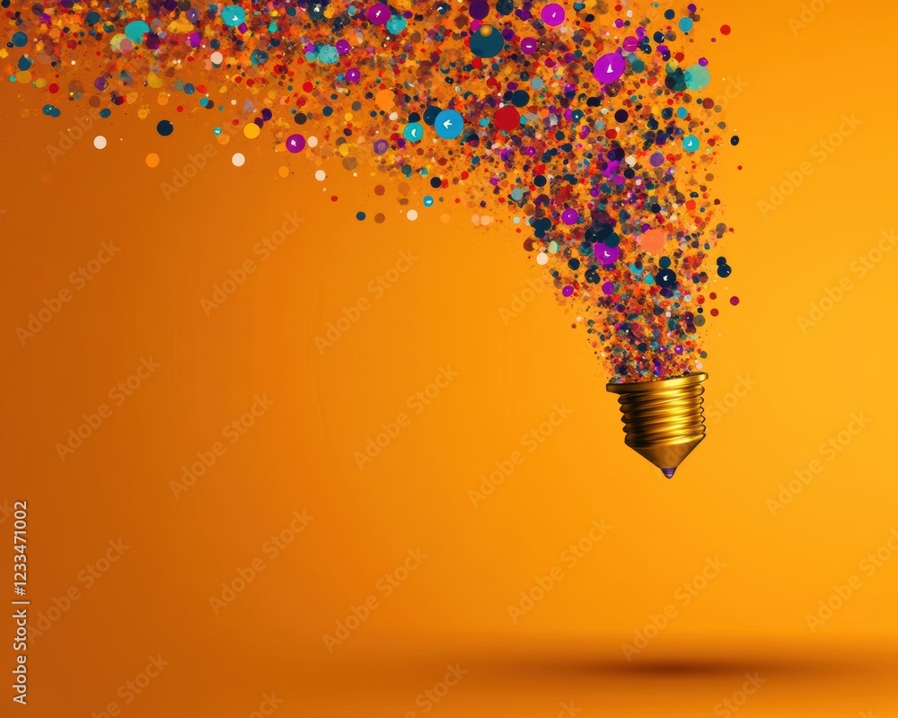 Poster colorful explosive display of creativity emanating from a lightbulb on orange background