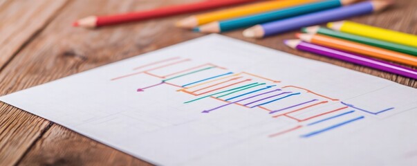 Colorful Drawing Tools on Wooden Desk with Chart and Graph Illustrations for Creative Design Planning