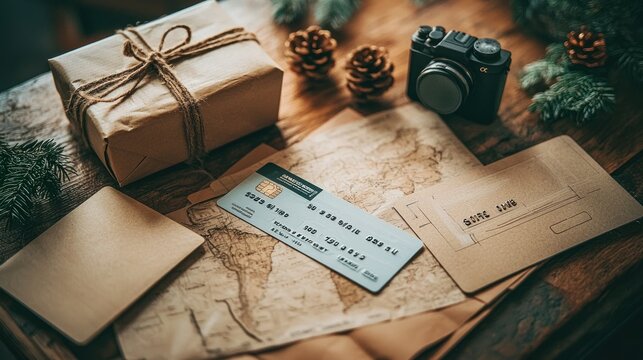 Travel planning for Christmas with gifts, map, camera, card on table - Powered by Adobe