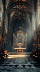 Fototapeta premium Sunlight streams into a gothic chapel.