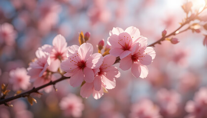 Cherry blossom blooming in spring sunshine nature photography with bokeh effect tranquil garden atmosphere