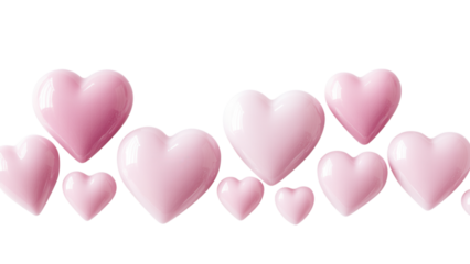 Pink hearts arranged diagonally, varying sizes, transparent background, ideal for digital designs and romantic themes