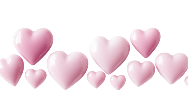 Pink hearts arranged diagonally, varying sizes, transparent background, ideal for digital designs and romantic themes - Powered by Adobe