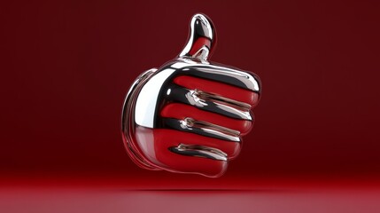 A shiny metallic thumbs-down emoji, floating on a dark red background 
