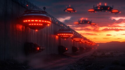 Obraz premium A futuristic border defense wall with integrated laser turrets and glowing security cameras, set in a desert environment