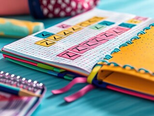 Colorful Notebook with Creative Designs and Patterns on a Teal Surface