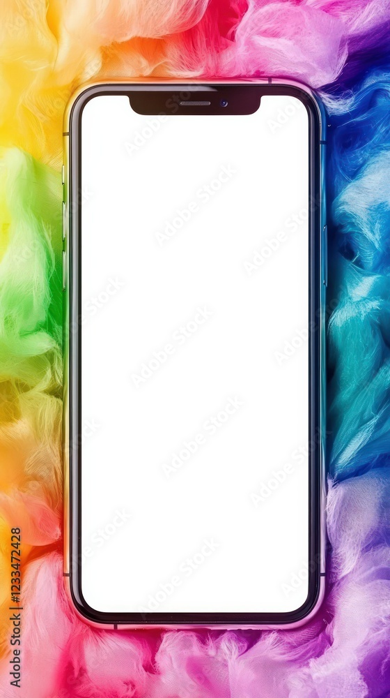 Poster colorful rainbow splash background with blank smartphone for custom design