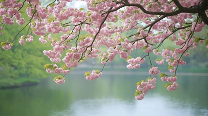 Fototapeta premium Serene Pink Cherry Blossoms Over Tranquil Pond
