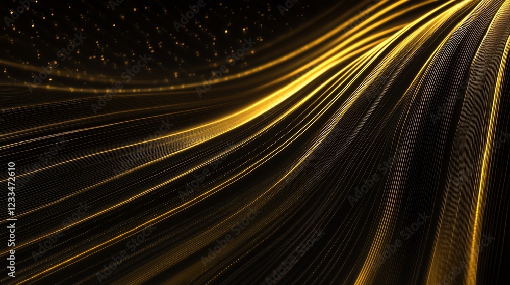 Poster Abstract gold lines on black background with light reflections creating flowing motion