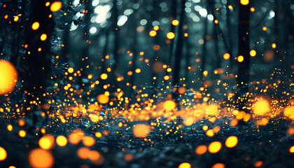 Obraz premium Enchanting bokeh lights dance amongst trees forest nature photography mystical atmosphere close-up magical serenity
