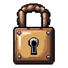 Pixel art lock symbol, vibrant colors, transparent background, ideal for digital security themes, user interface design, and game assets