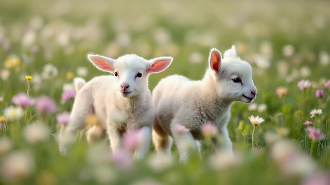 Two adorable white lambs frolic in a vibrant spring meadow filled with colorful flowers.
