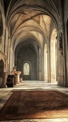 Obraz premium Sunlit cathedral cloister hallway