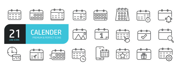Set of line icons related to calendar, schedule, reminder, planner. Outline icons collection. Editable stroke. Vector illustration.