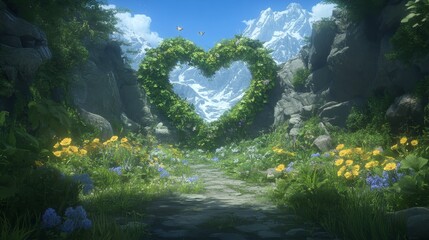 Obraz premium HeartShapedFloralArchwayMountainPathRomanticScene