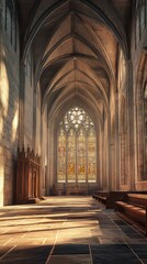 Fototapeta premium Sunlit cathedral aisle with stained glass
