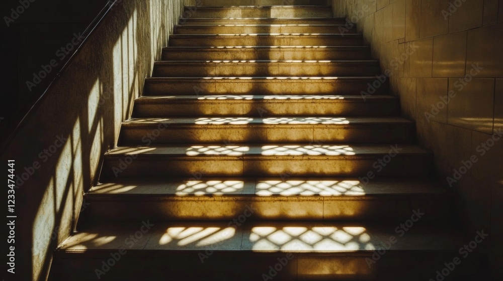 Poster sunlit stone staircase with intricate shadow patterns