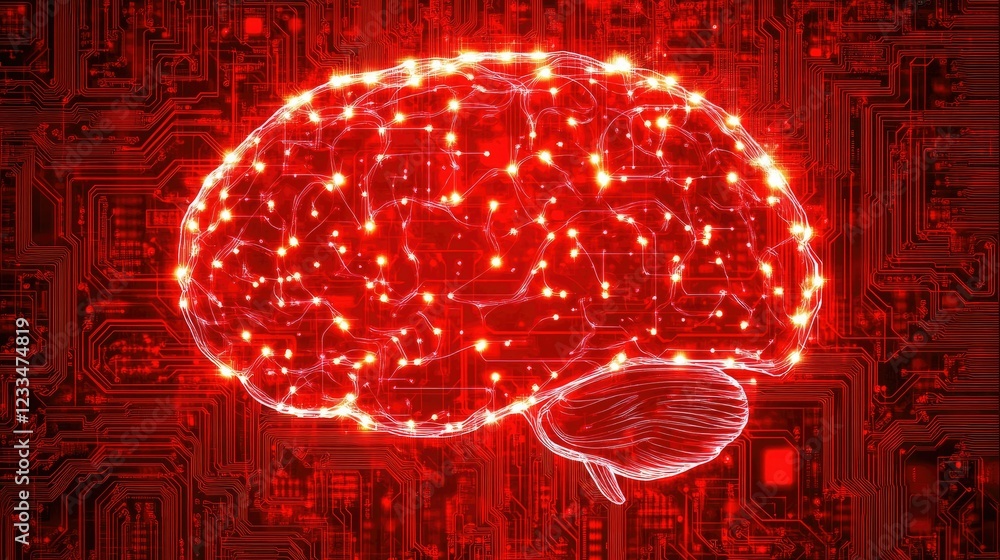 Poster red digital brain with circuit board background for technology concept