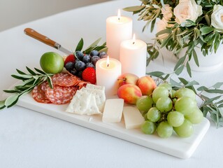 Elegant Charcuterie Board with Cheese, Fruits, and Candles on a White Table Setting