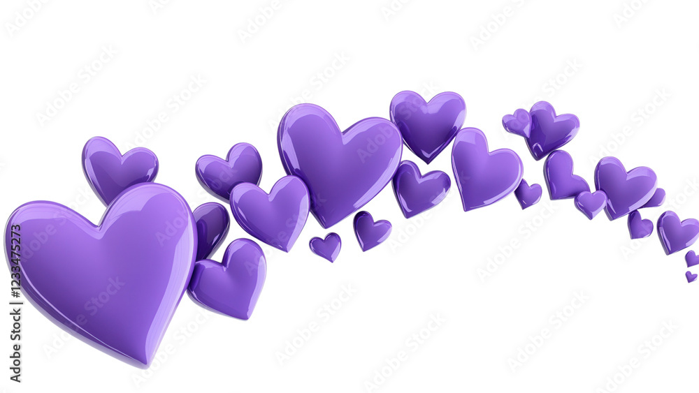 Poster diagonal array of purple hearts in various sizes, vibrant and playful, ideal for digital designs and