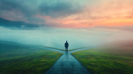Fototapeta premium Decision point a traveler's journey at dawn in nature landscape serene viewpoint reflection