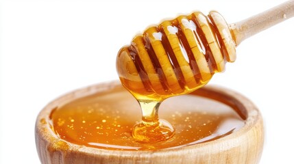 Liquid honey dripping over white white background