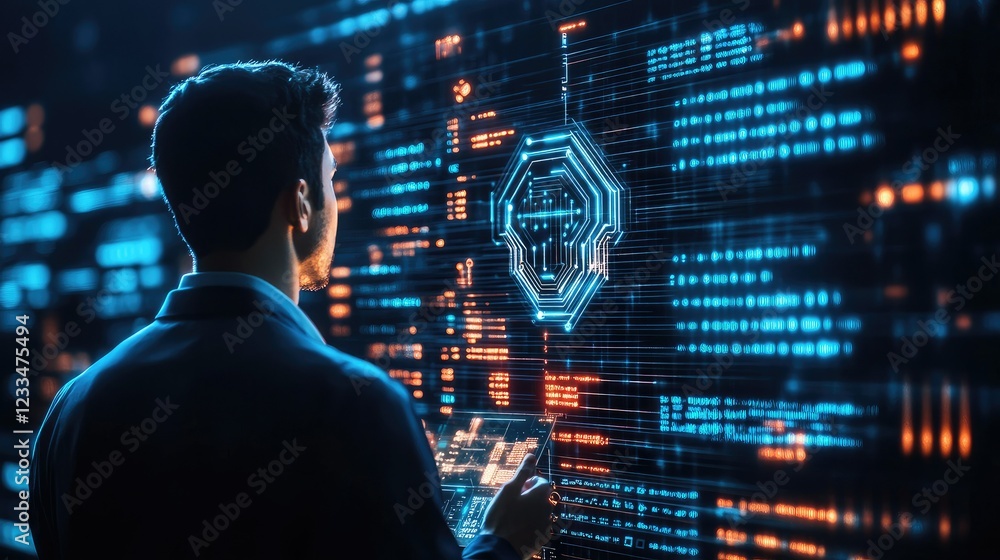 Poster businessman analyzing digital data with abstract technology background
