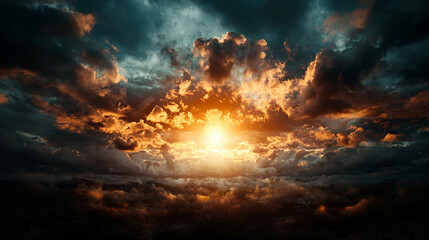 Fototapeta premium Dramatic sunset sky, fiery clouds, dark background, nature photography