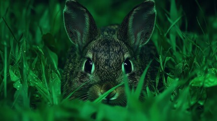 Fototapeta premium Hidden Rabbit in Lush Green Grassland at Night