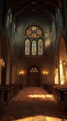 Fototapeta premium Sunlit aisle in a stone church