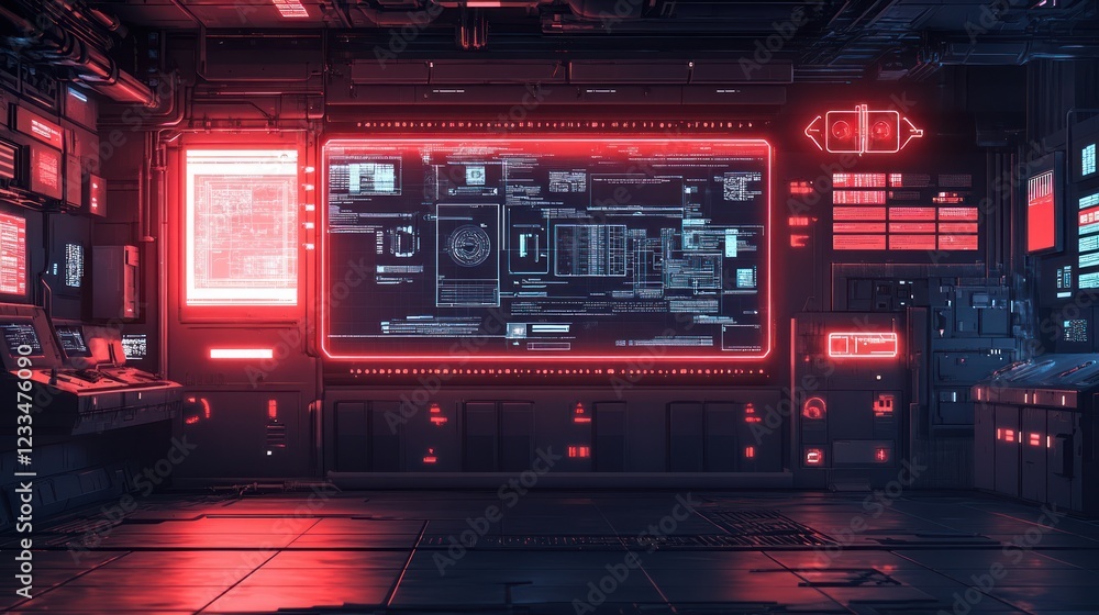 Aufkleber futuristic red-lit control room monitoring system interface