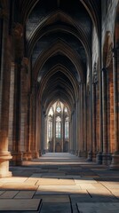 Sunlit cathedral aisle, Gothic arches.