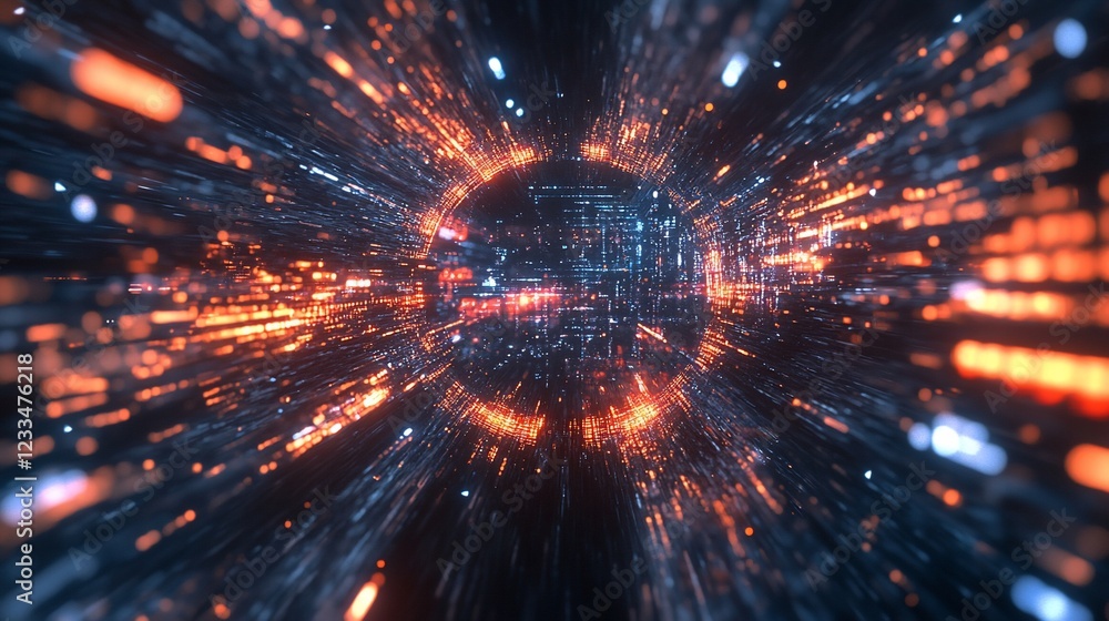 Poster abstract digital tunnel with glowing particles and circuit board elements