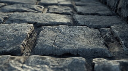 Close up on an old gray stone pavement or pathway with irregular shaped pavers
