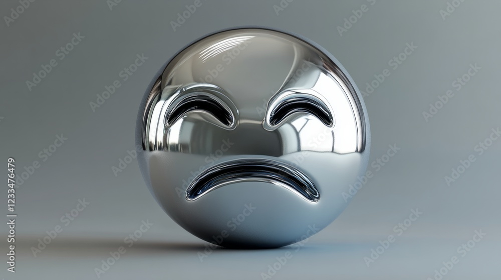Poster a 3d metallic crying face emoji with a mirror-like surface, floating on a gray background