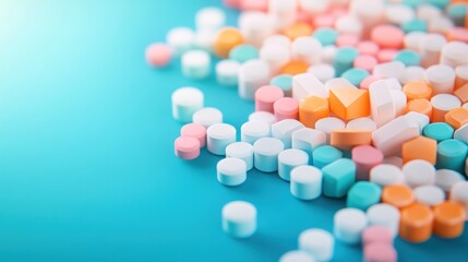 Pharmaceutical tablets on bright blue surface macro studio setting product concept