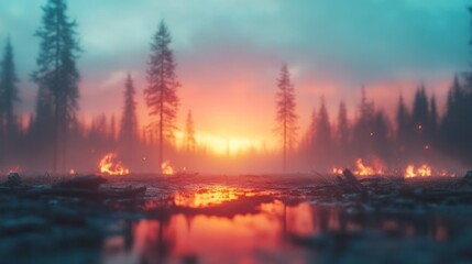 Forest fire impact on nature affected area photographic capture smoke-filled environment low angle environmental awareness