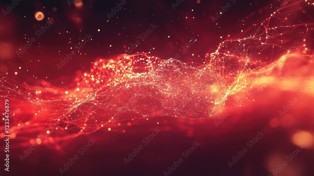Poster abstract red digital background with sparkling light and waves