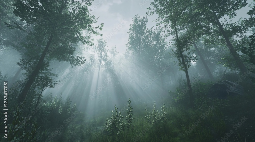Poster mystical forest with fog and sun rays illuminating the trees and undergrowth
