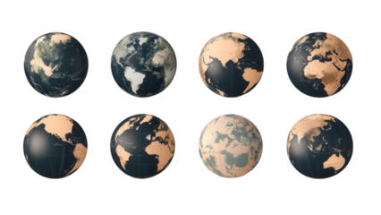 Stylized globes featuring intricate continent designs, ideal for digital applications, transparent background for versatile use