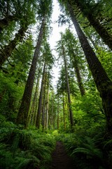 Obraz premium Lush Forest Trail Under Tall Moss Covered Trees
