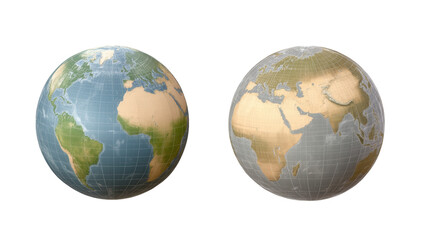 Fototapeta premium Stylized globes featuring intricately detailed continents, vibrant colors, perfect for digital designs and presentations, transparent background