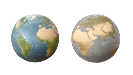 Stylized globes featuring intricately detailed continents, vibrant colors, perfect for digital designs and presentations, transparent background